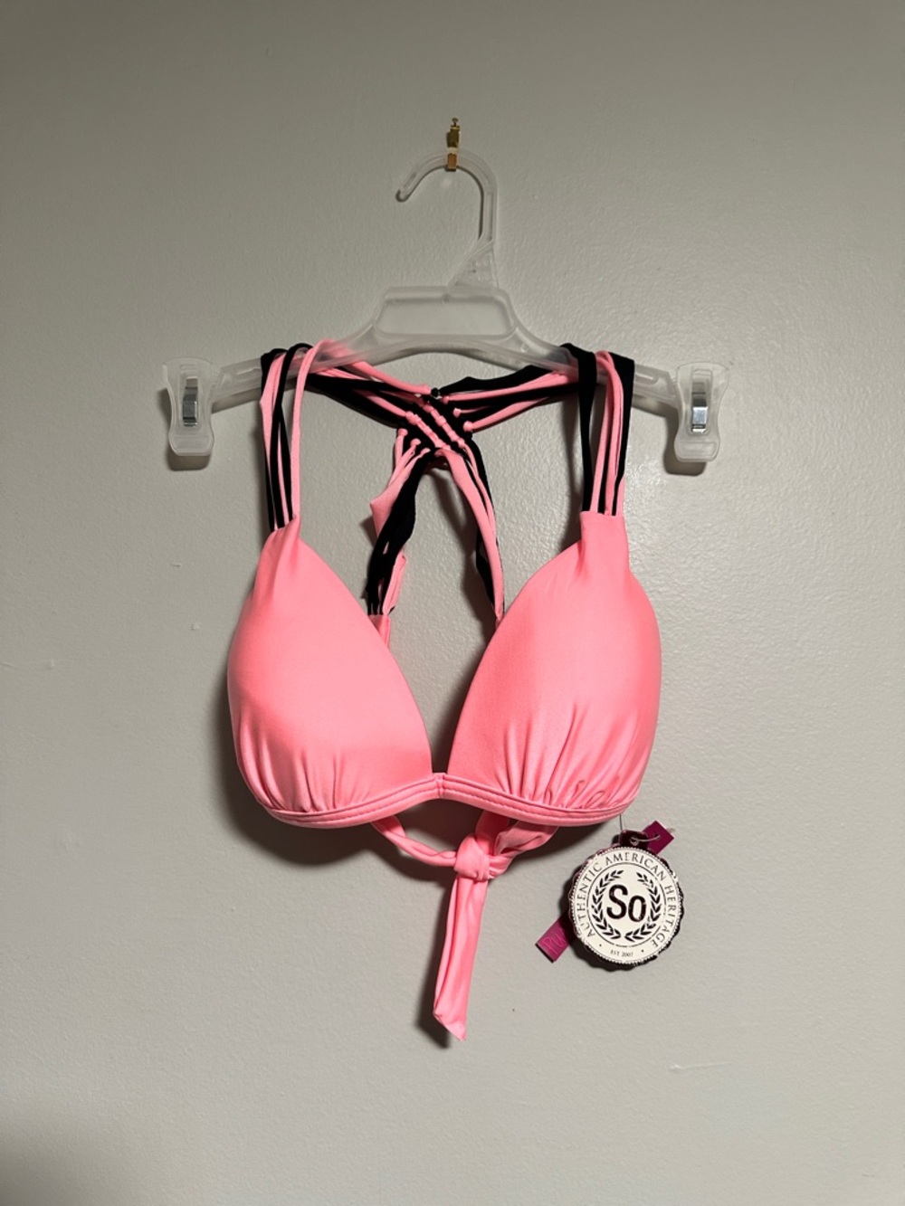 SO Pink Ruched Bikini Top with Dark Pink Accent Tag